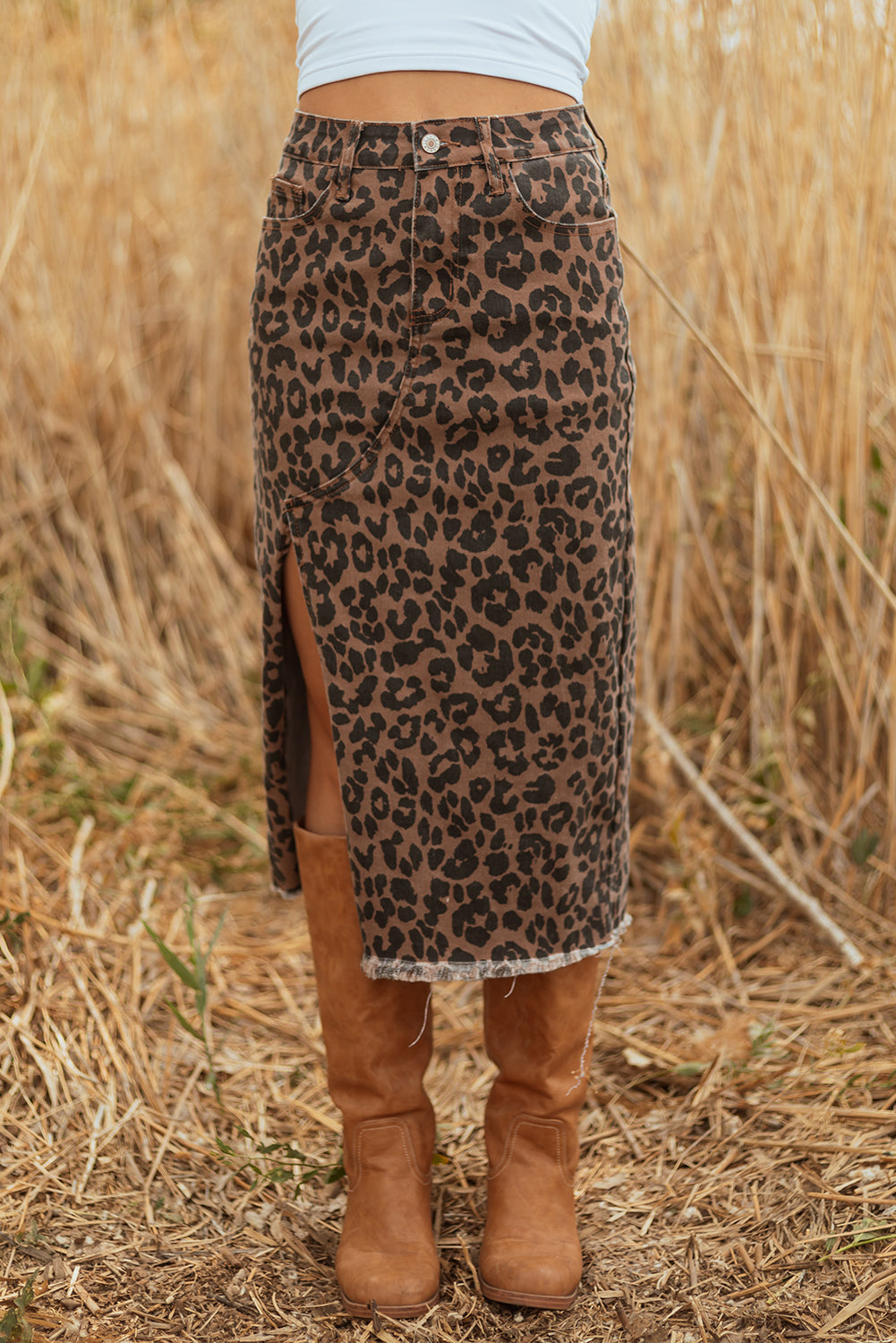 Brown Leopard Denim Midi Skirt