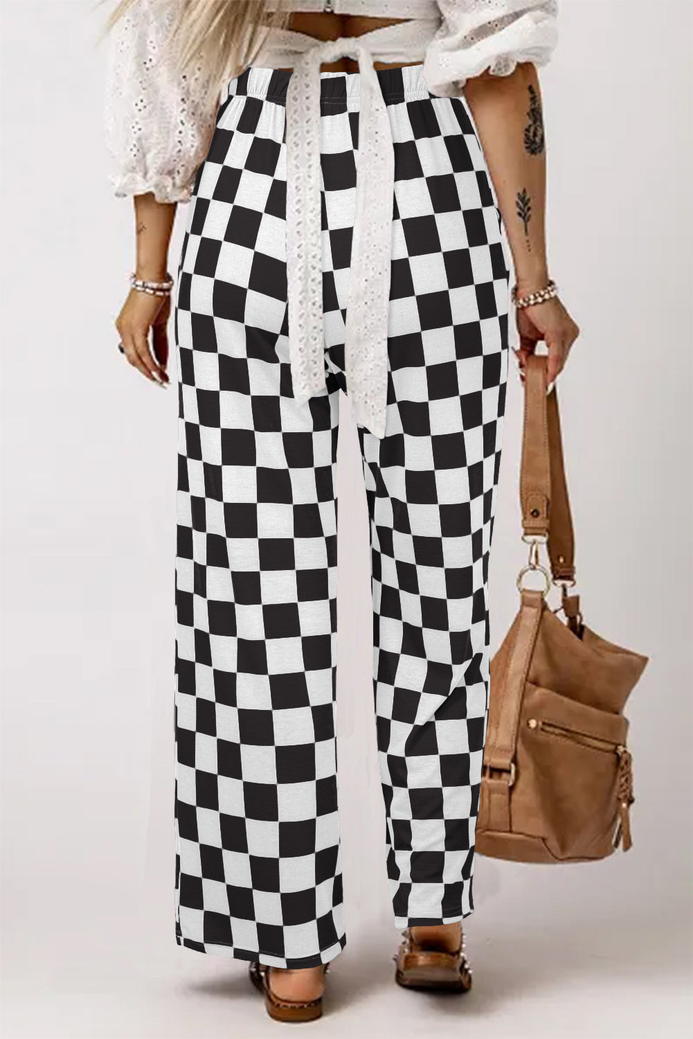 Black Checked Print High Waist Wide Leg Pants