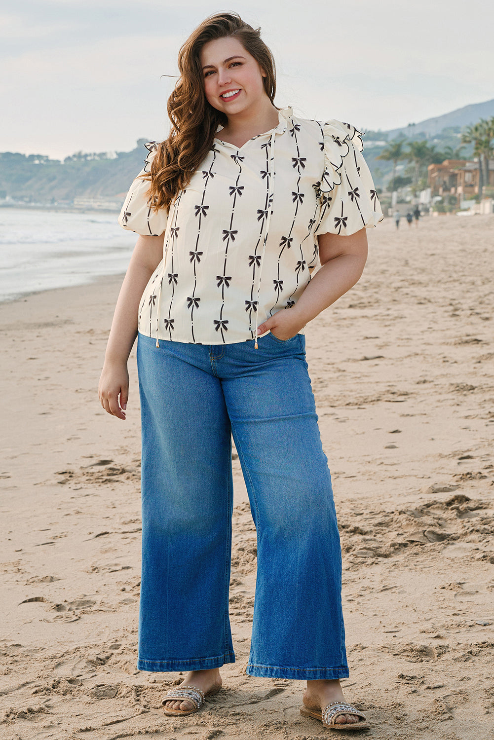 Apricot Bow Print Blouse