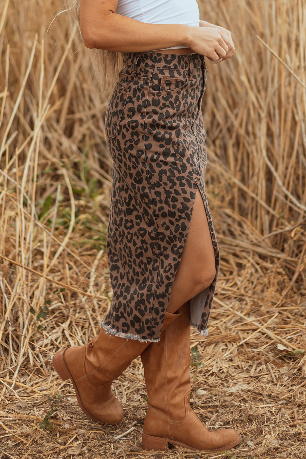 Brown Leopard Denim Midi Skirt