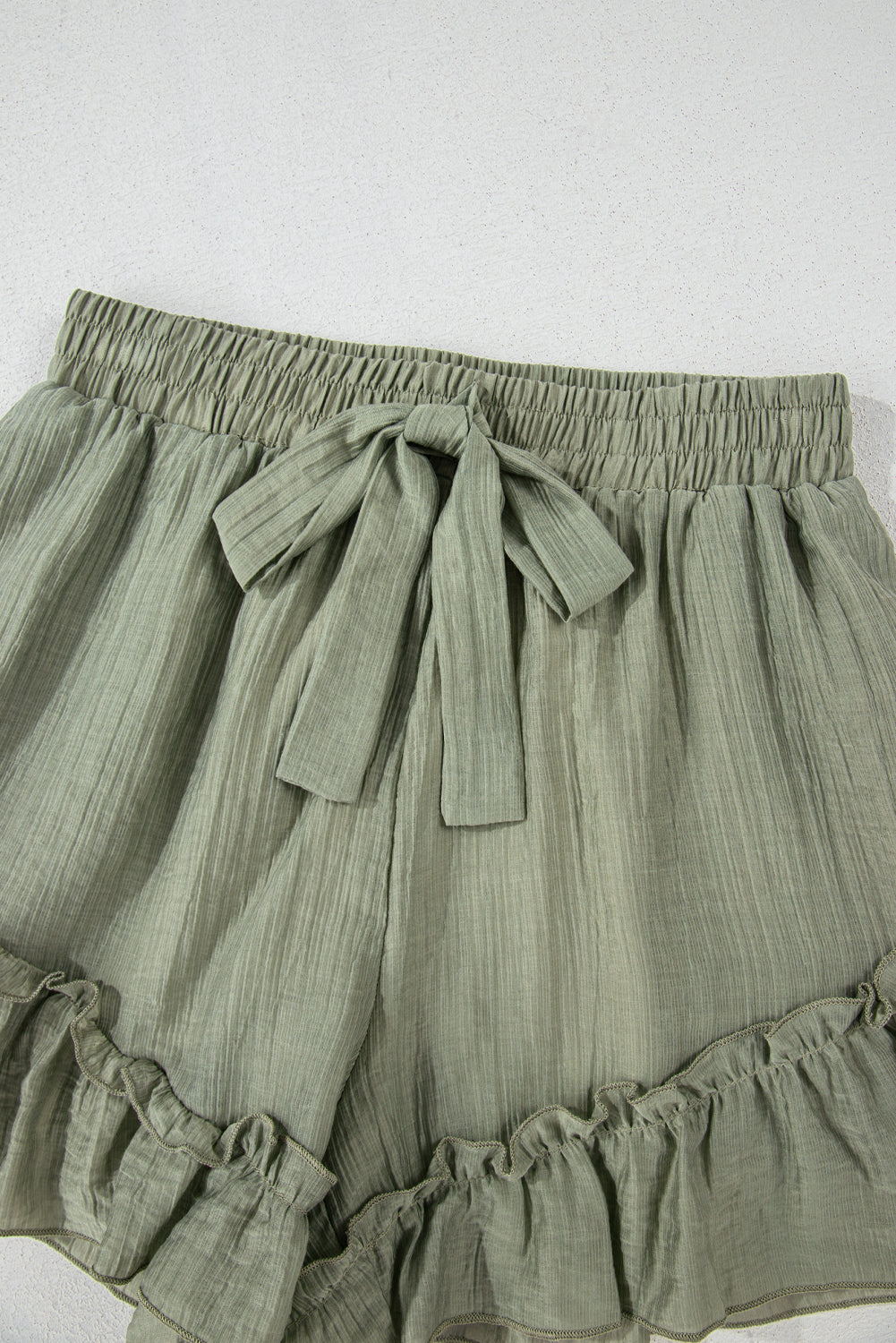 Green Textured Tie Waist Ruffle Shorts