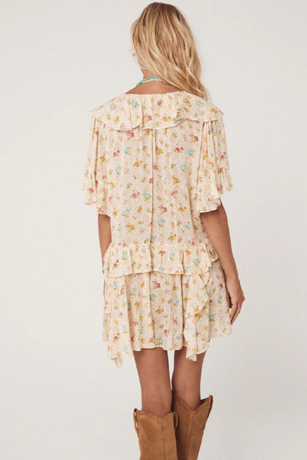 Apricot Boho Floral Tassel Mini Dress