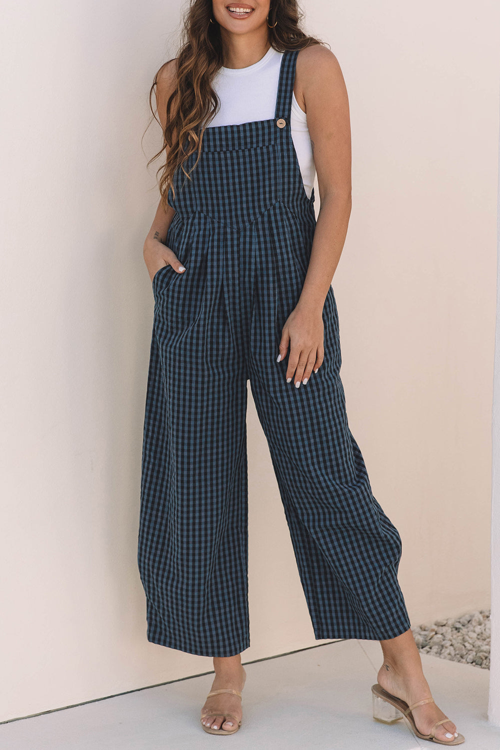 Blue Plaid Print High Waist Overall