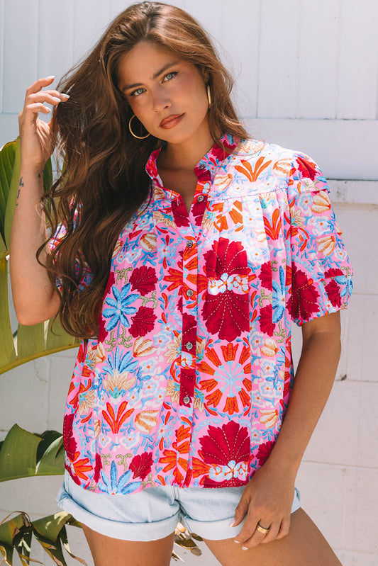 Pink Floral Print Pleated Shirt