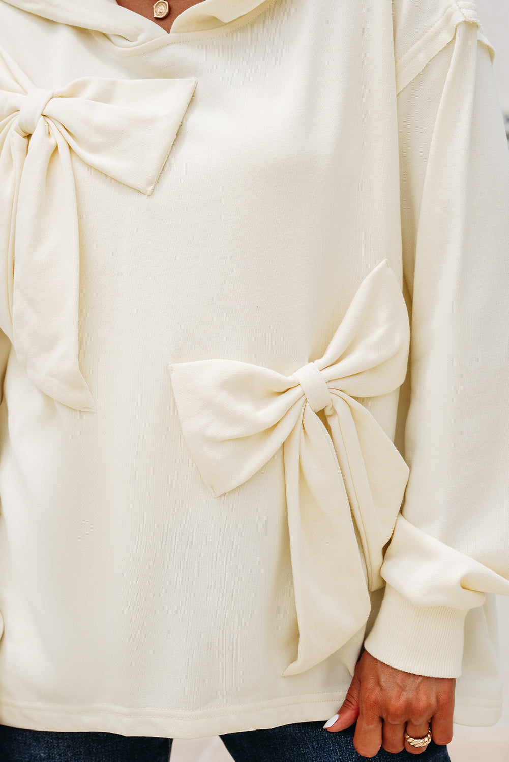 White Bow Detail Loose Hoodie