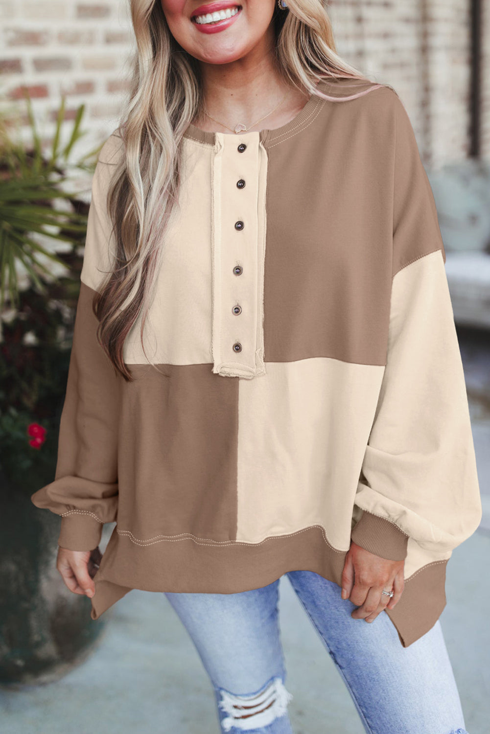 Parchment Colorblock Henley Oversize Sweatshirt