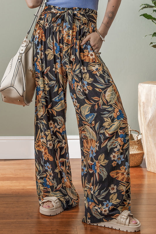 Multicolour Floral Wide Leg Pants with Tie