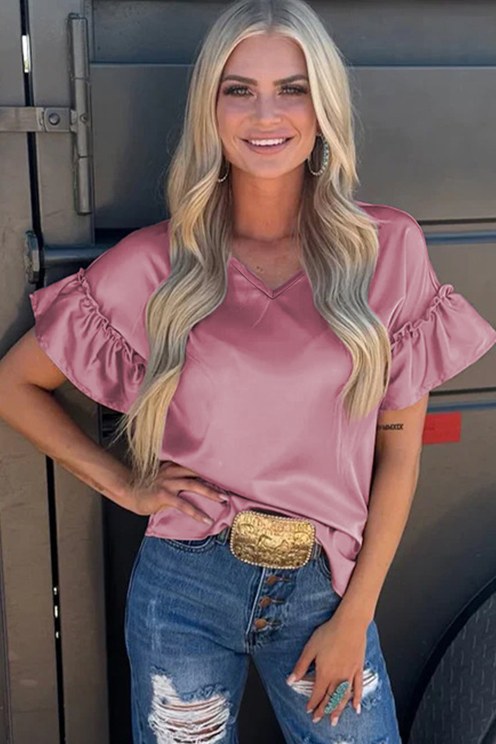 Satin Ruffle Sleeve Top