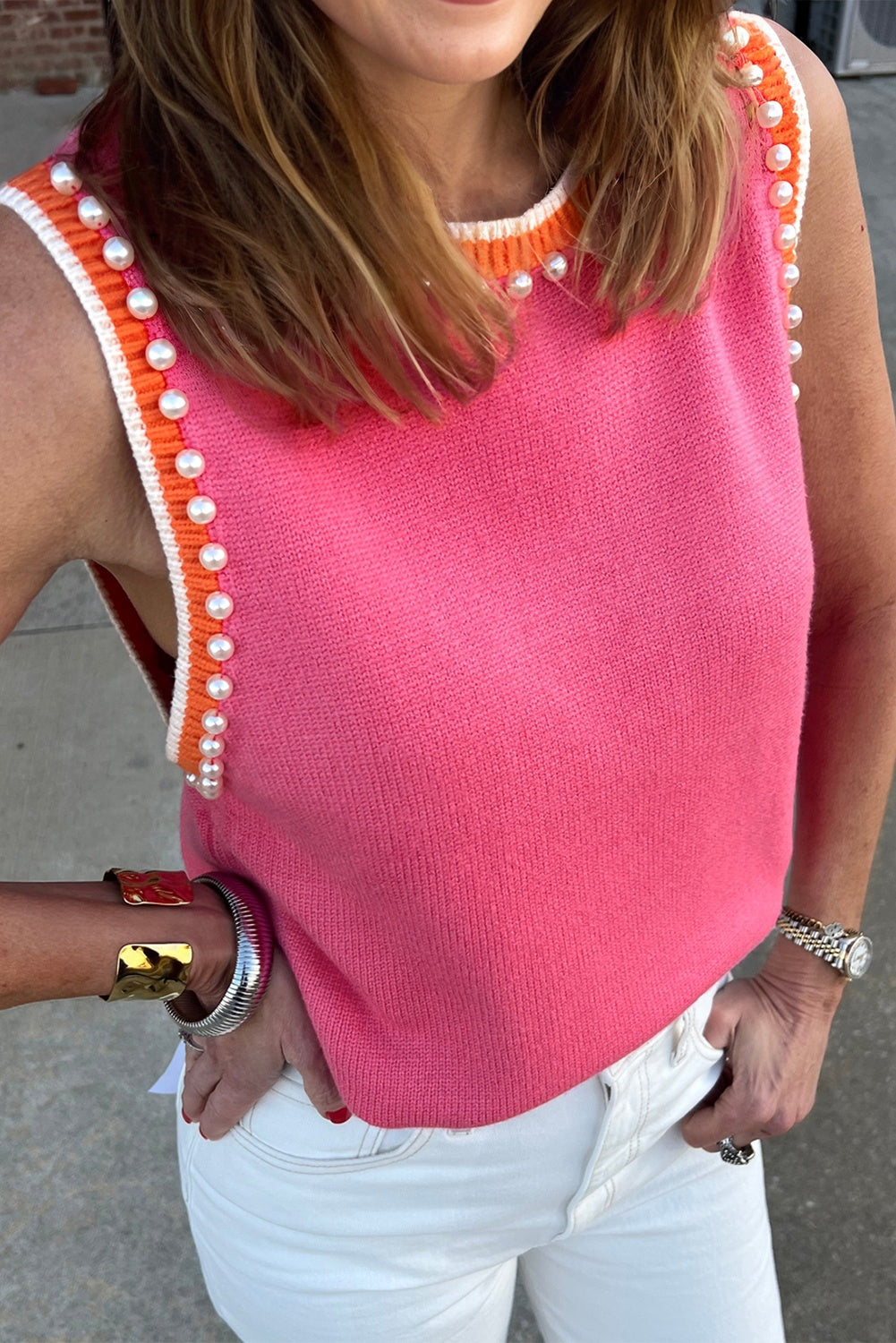 Bright Pink Pearl Detail Sweater Tank