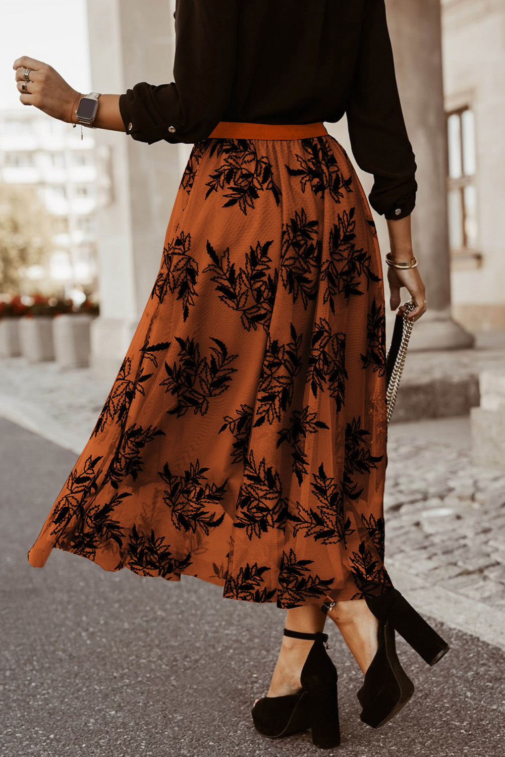 Gold Flame Floral High Waist Maxi Skirt