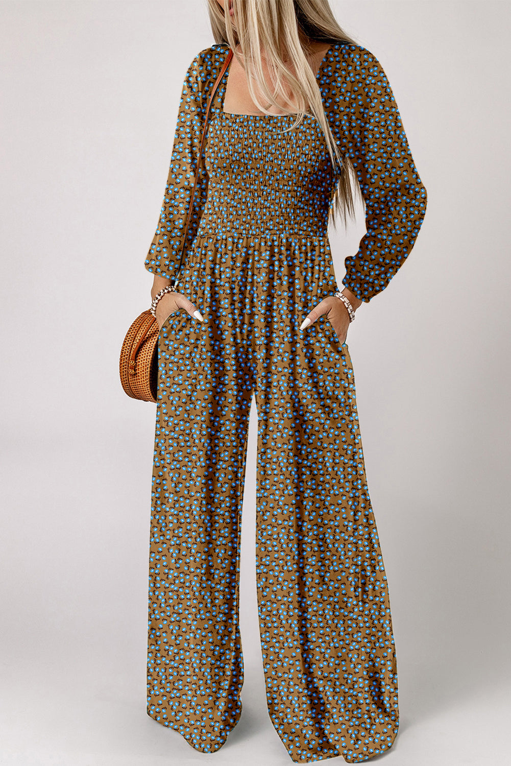 Brown Floral Print Smocked Jumpsuit