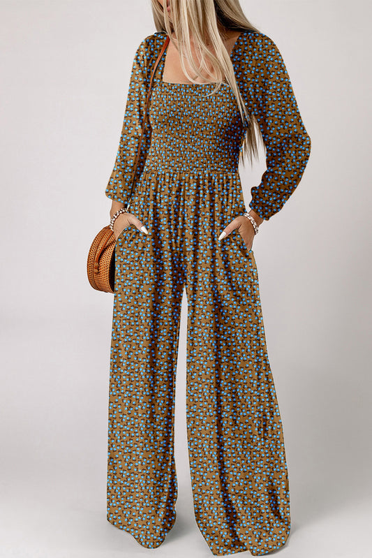 Brown Floral Print Smocked Jumpsuit