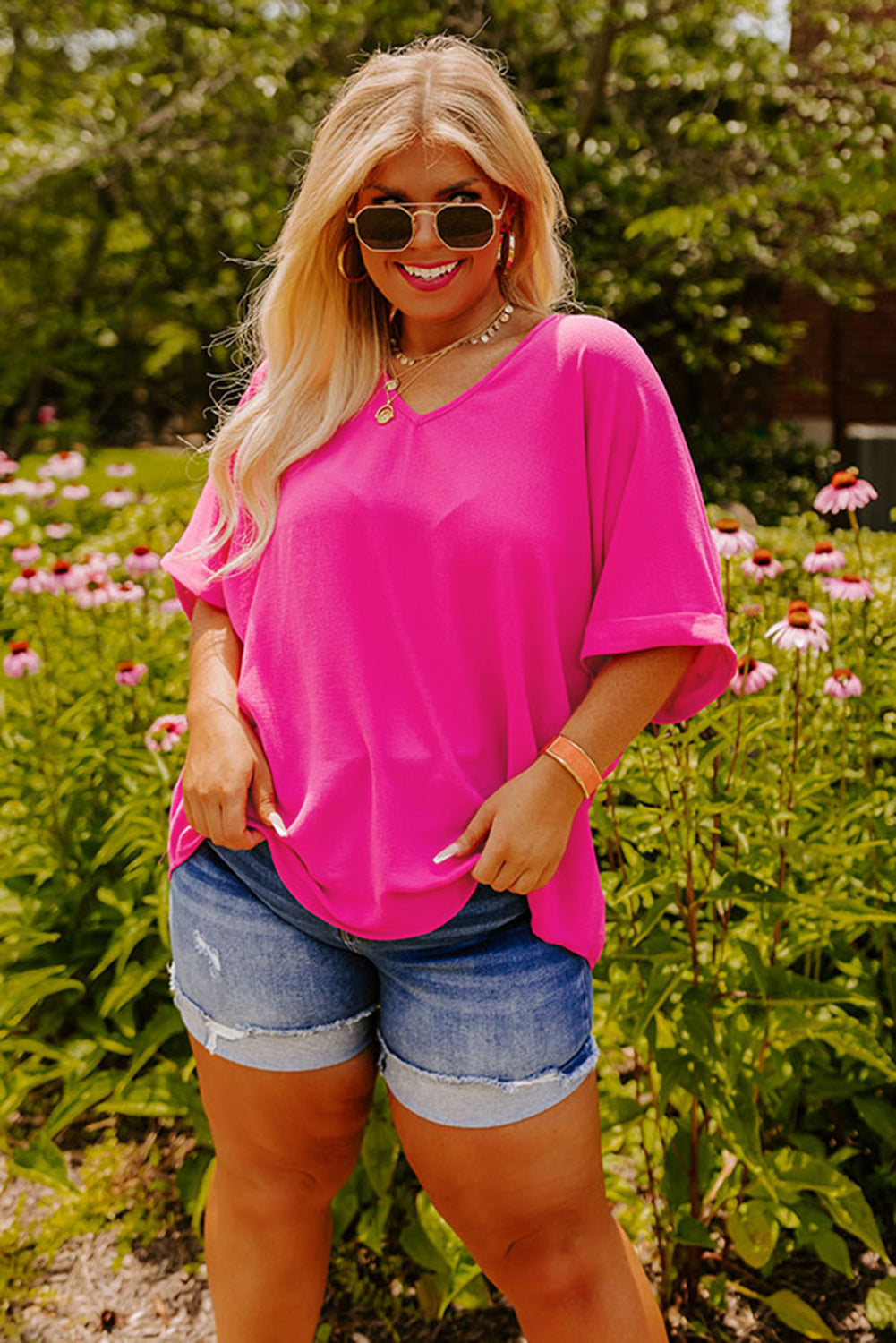Bright Pink Cuffed Sleeve Tee