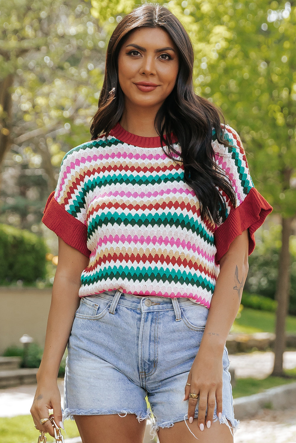 Trimmed Colorful Textured Sweater Top