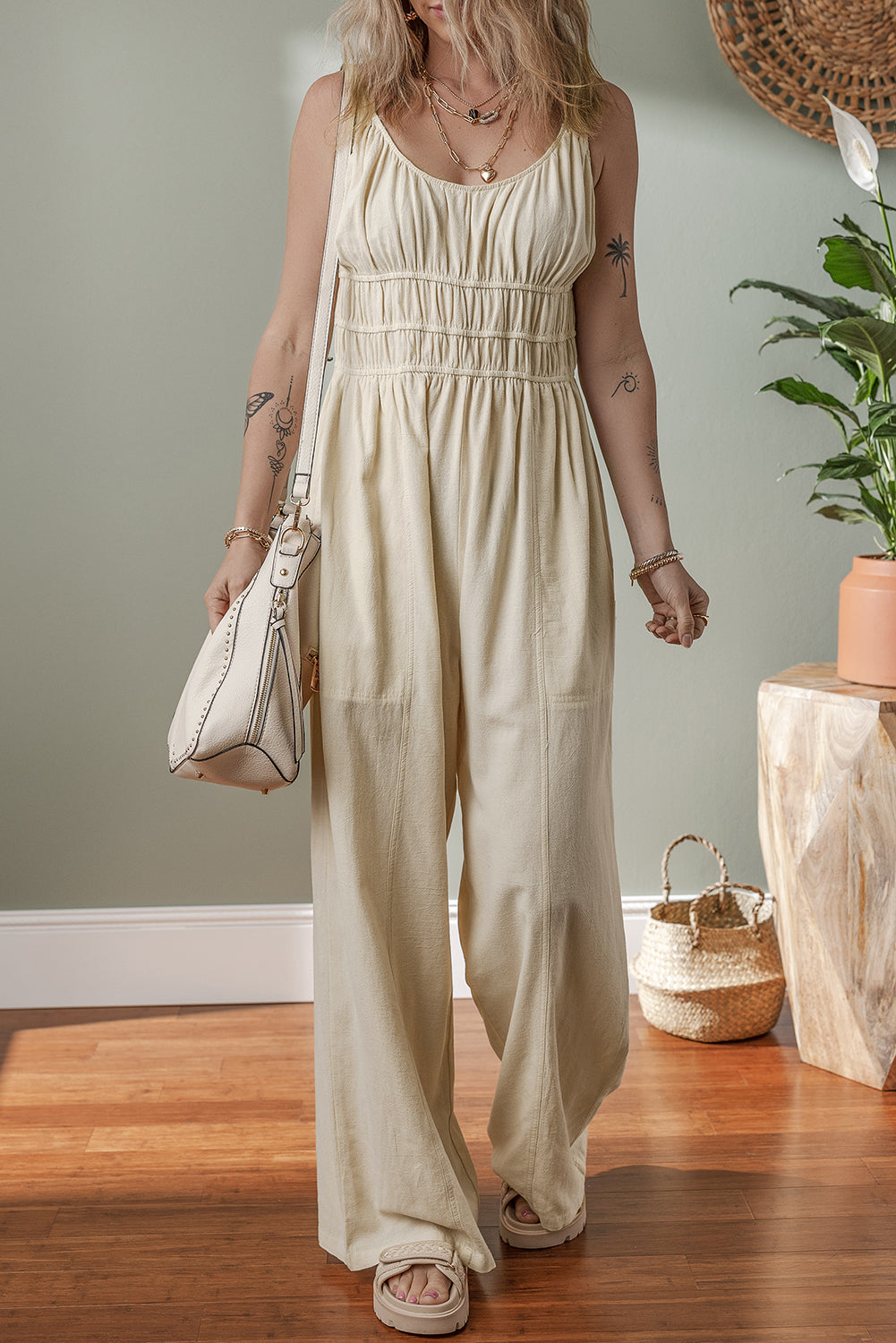 Beige High Waist Wide Leg Jumpsuit