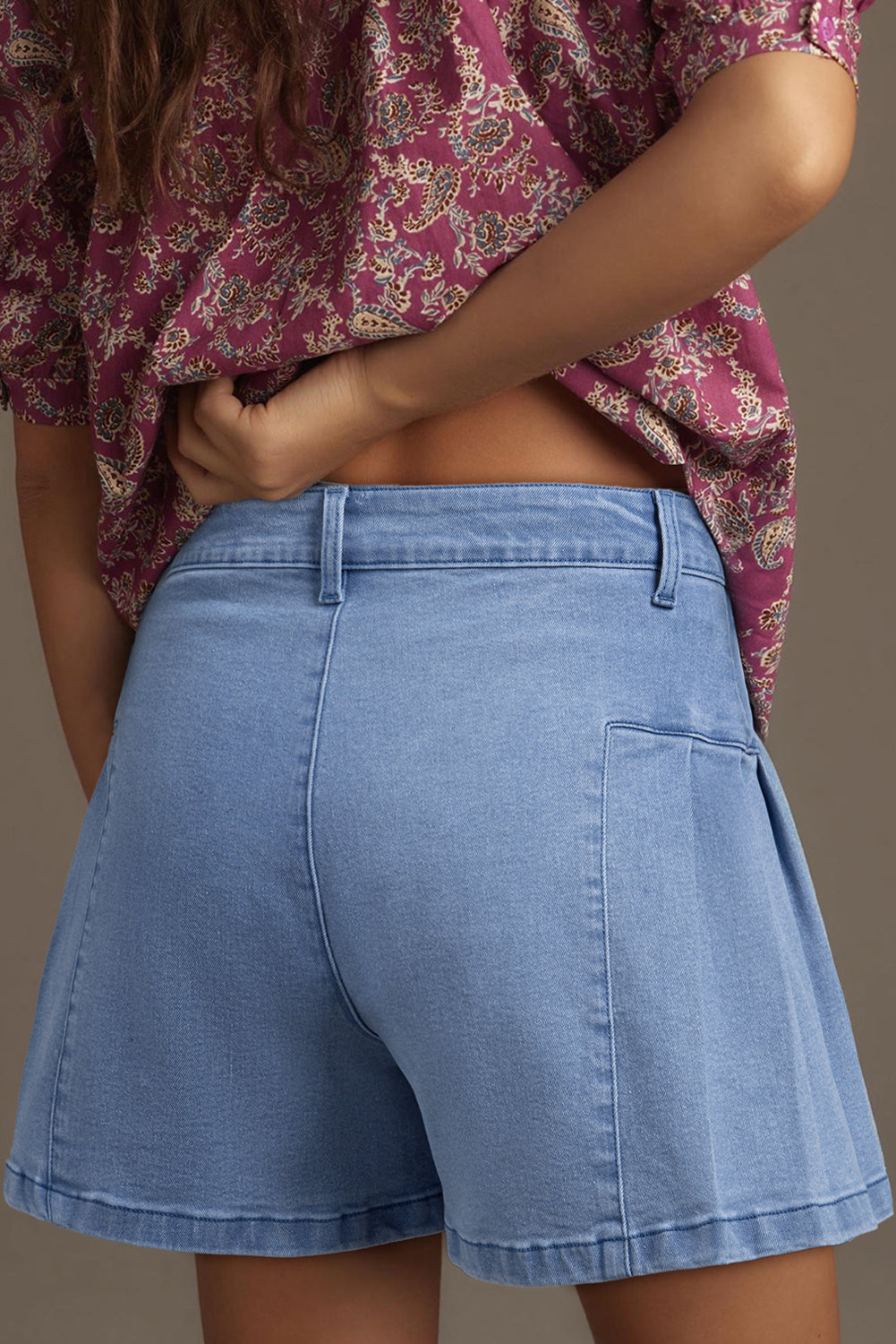 Dusk Blue Pleated Wide Leg Denim Shorts