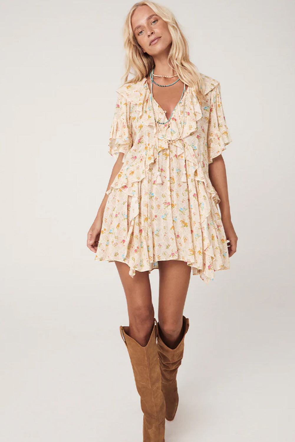 Apricot Boho Floral Tassel Mini Dress