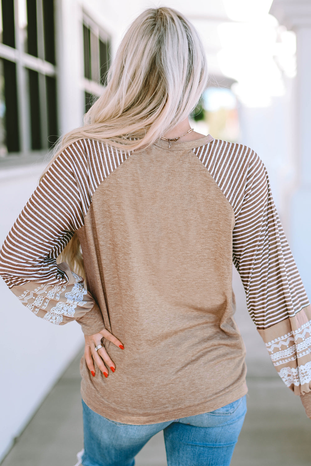 Beige Floral Striped Long Sleeve Top