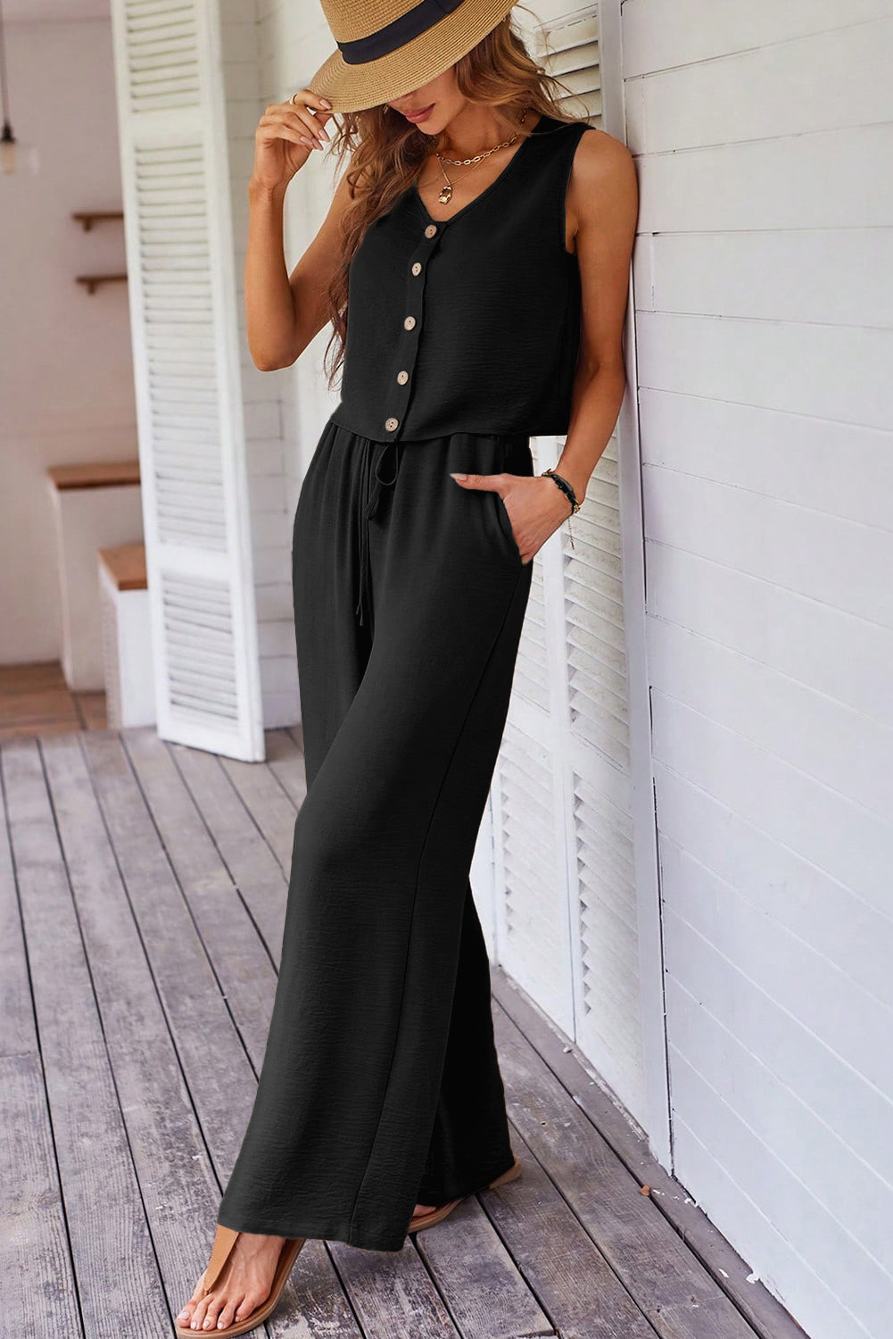 Black Buttoned Vest Set