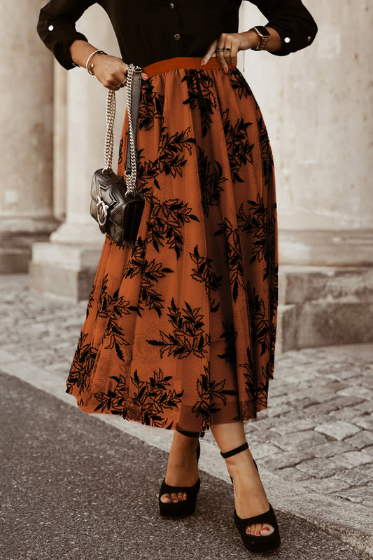 Gold Flame Floral High Waist Maxi Skirt
