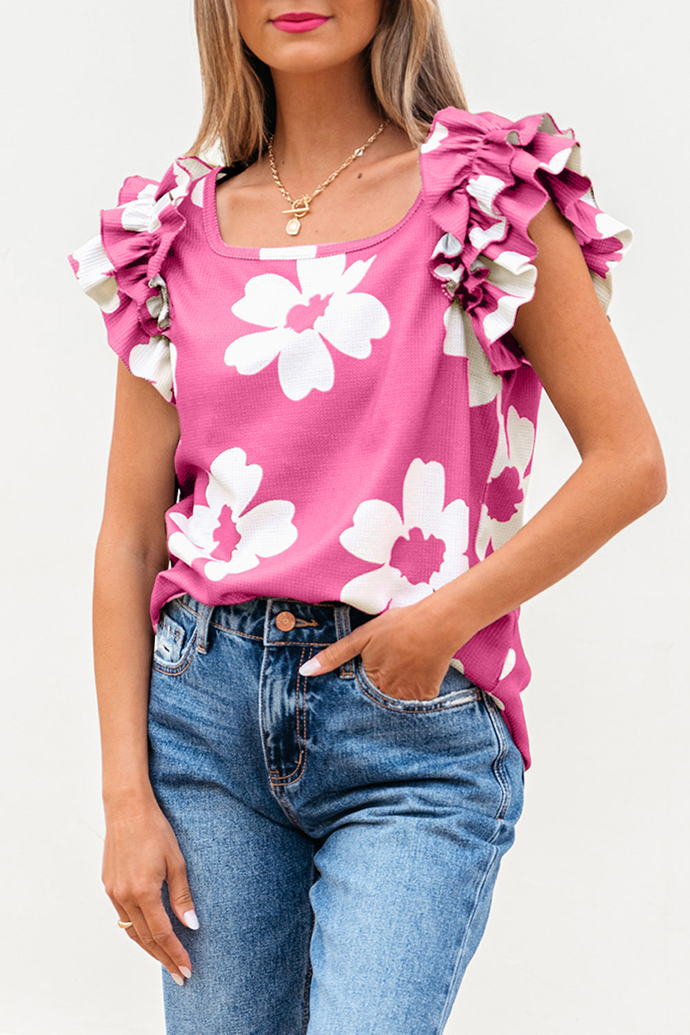 Pink Floral Ruffled Blouse