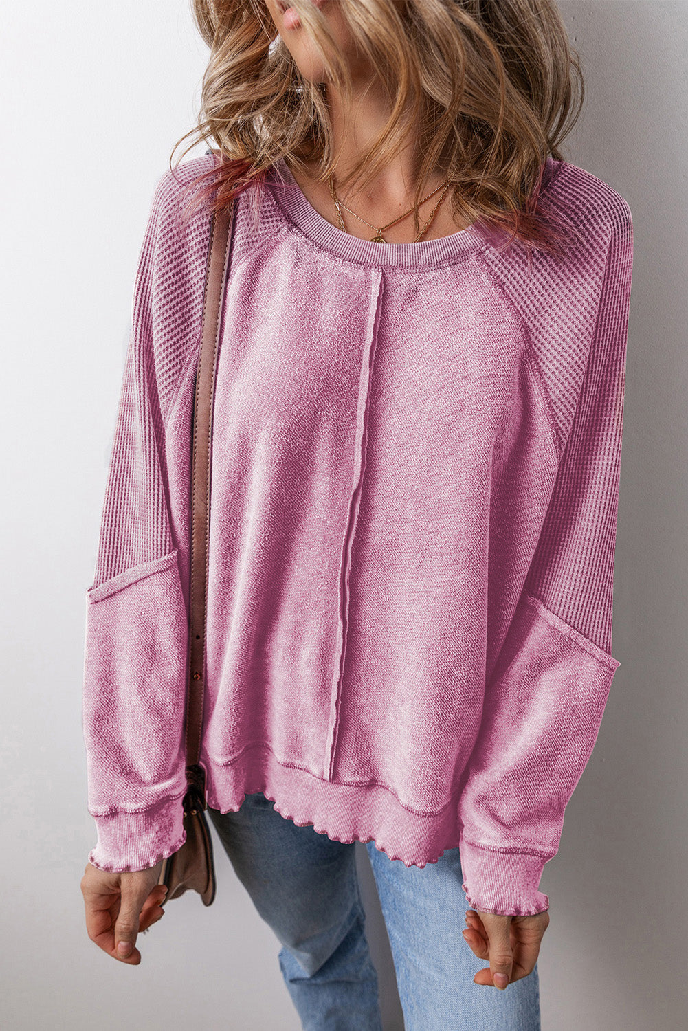 Pink Waffle Knit Patchwork Sweatshirt