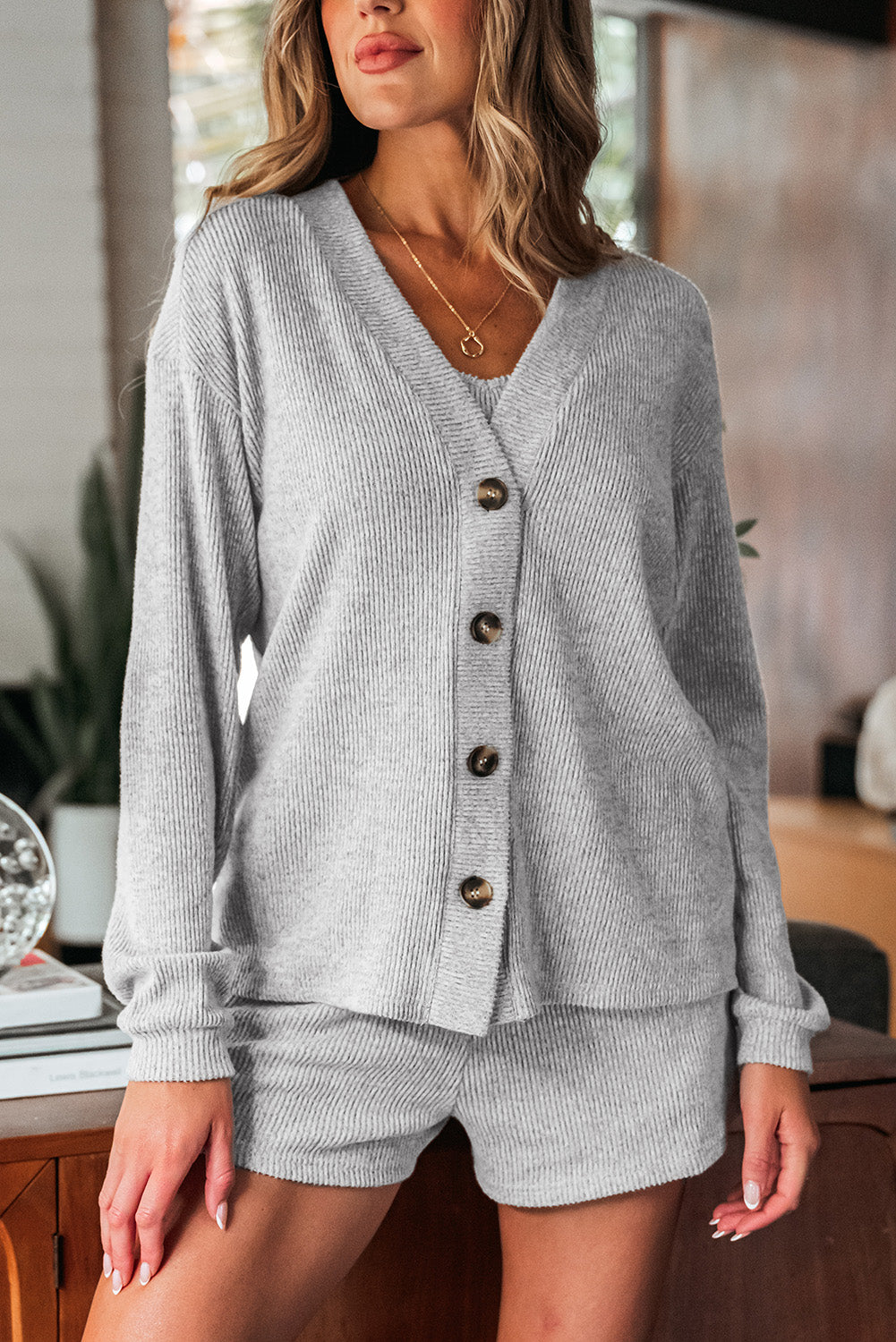 Light Grey 3 Pieces Lounge Set with Cardigan