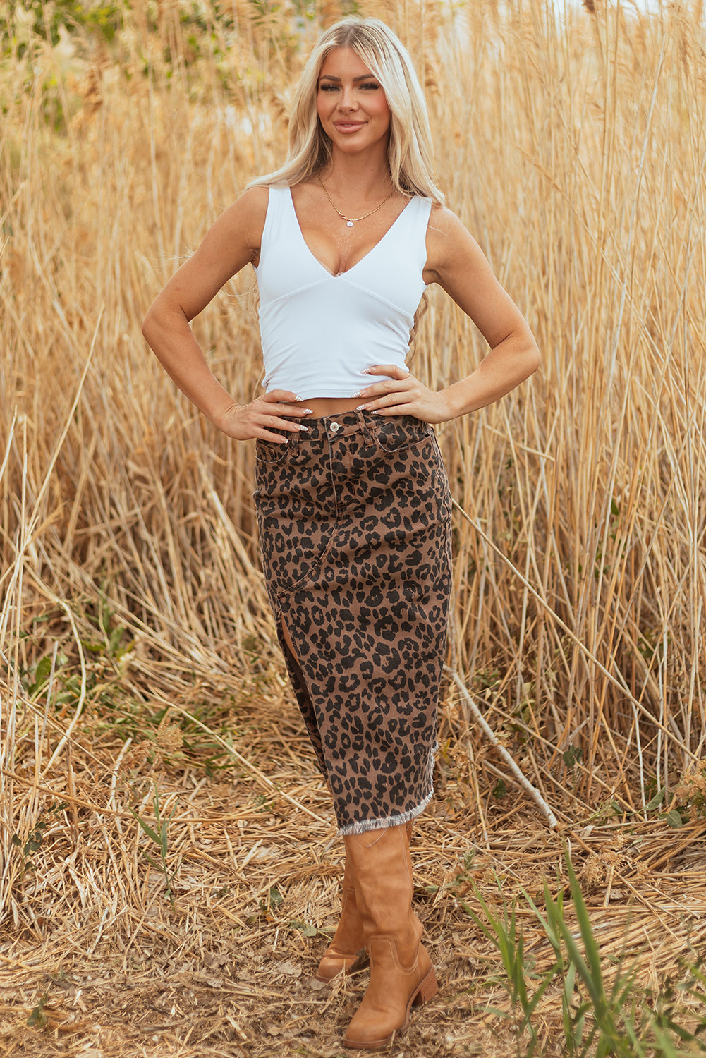 Brown Leopard Denim Midi Skirt