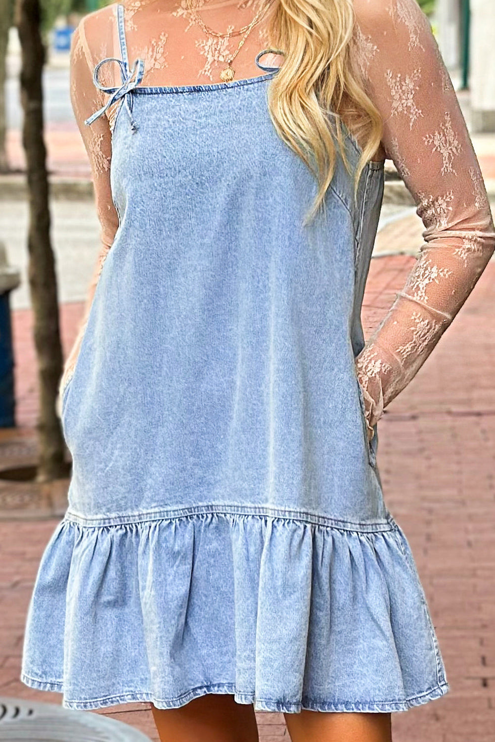 Blue Bow Detail Denim Short Dress
