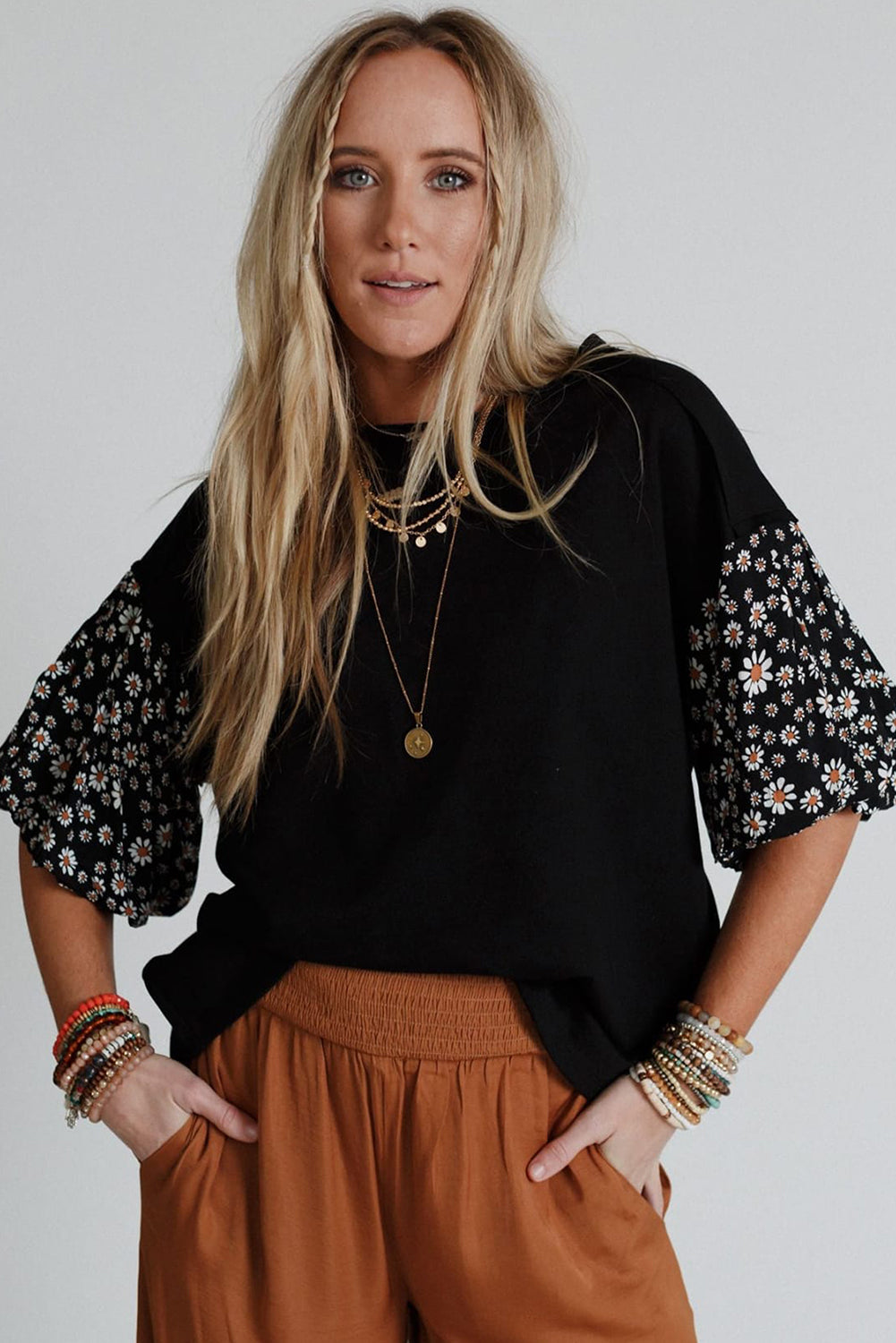 Black Floral Puff Oversized Top