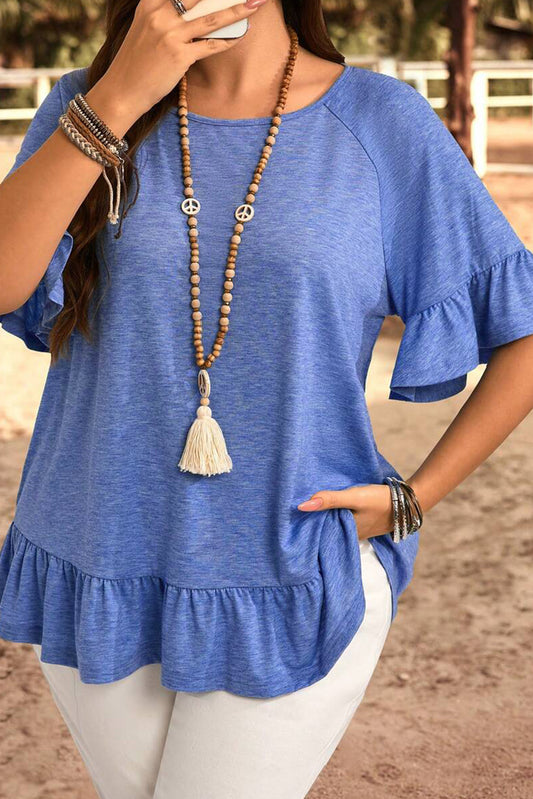 Blue Ruffled Casual Blouse