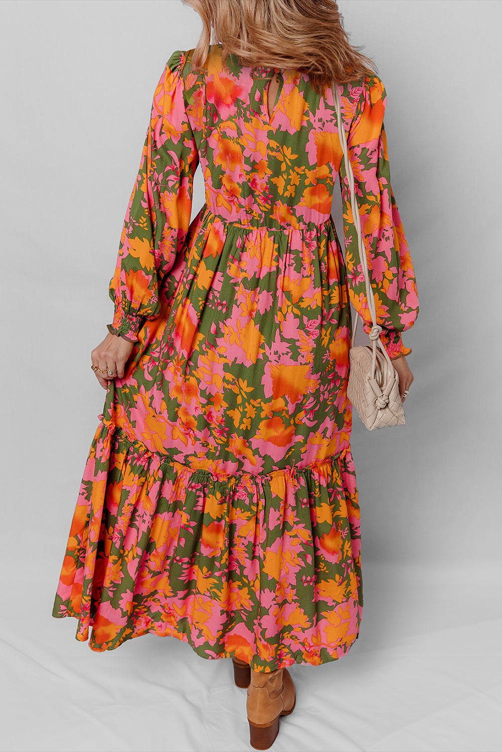 Orange Floral Puff Sleeve Dress