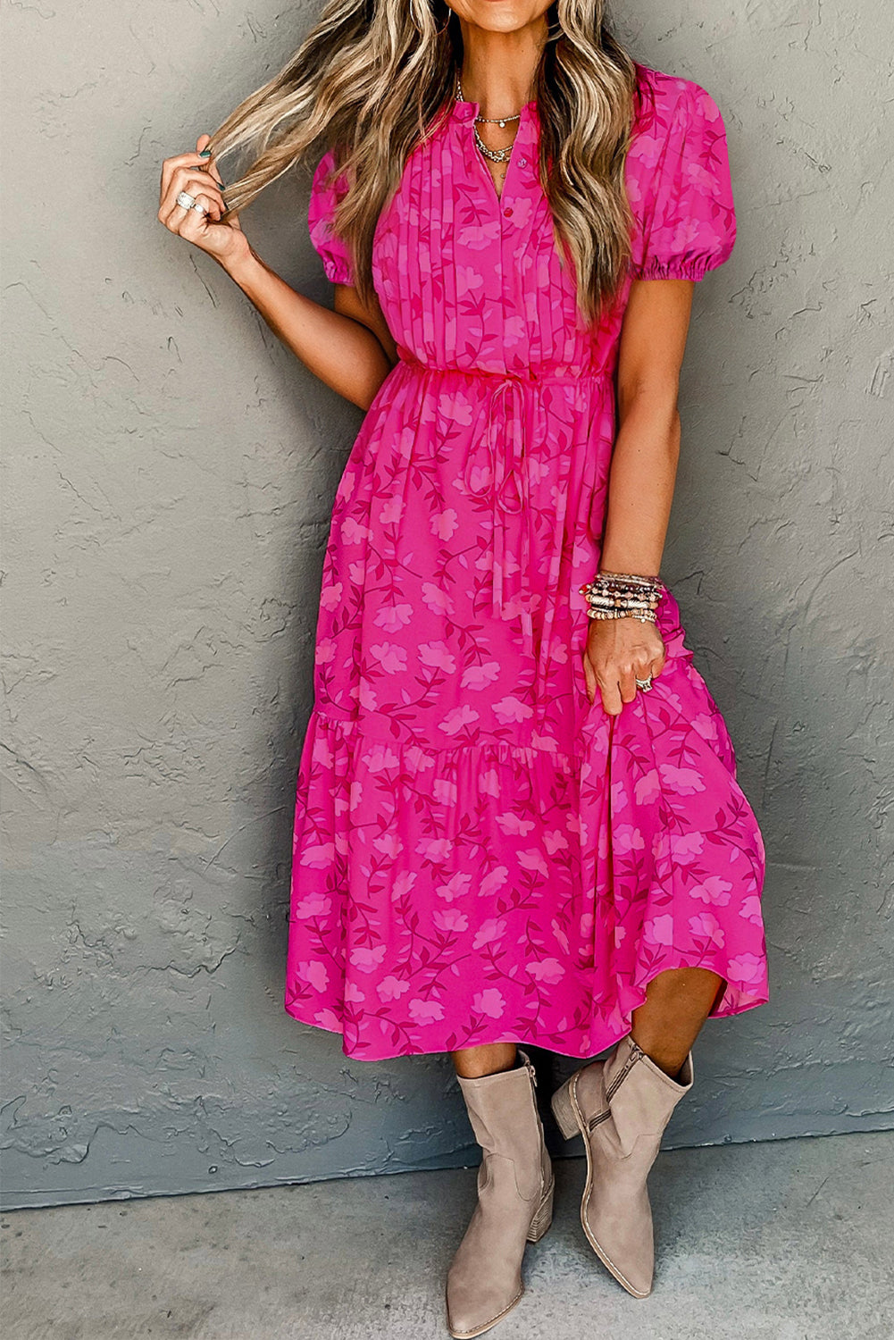 Rose Red Floral Midi Dress