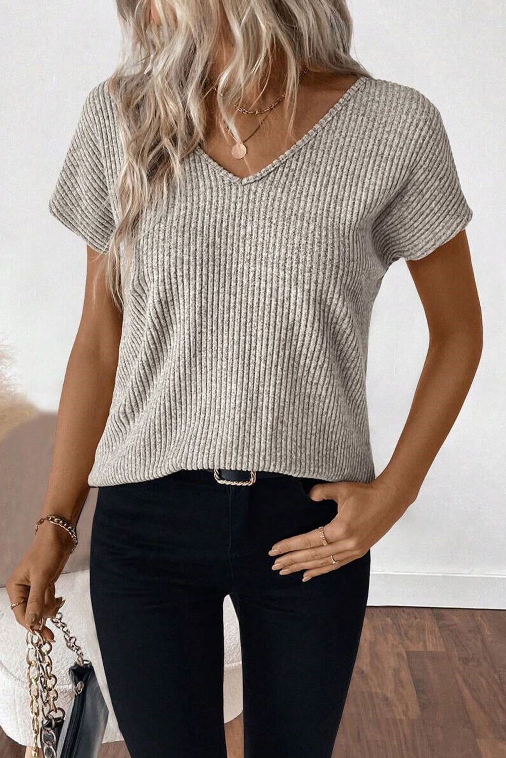 Gray Ribbed Bow Back Top