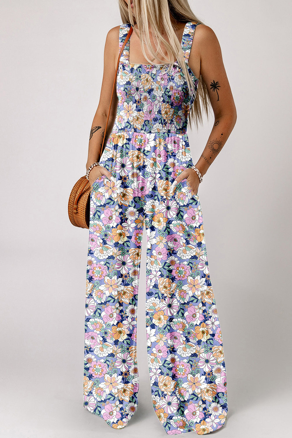 Purple Floral Print Smocked Jumpsuit