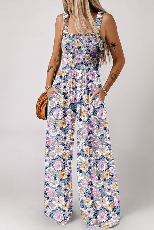 Purple Floral Print Smocked Jumpsuit