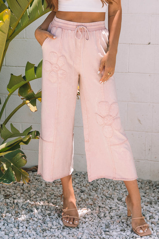 Pink Flower Mineral Washed Wide Leg Pants