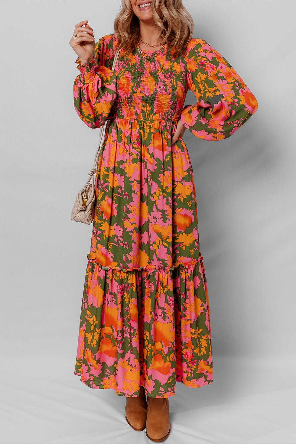 Orange Floral Puff Sleeve Dress