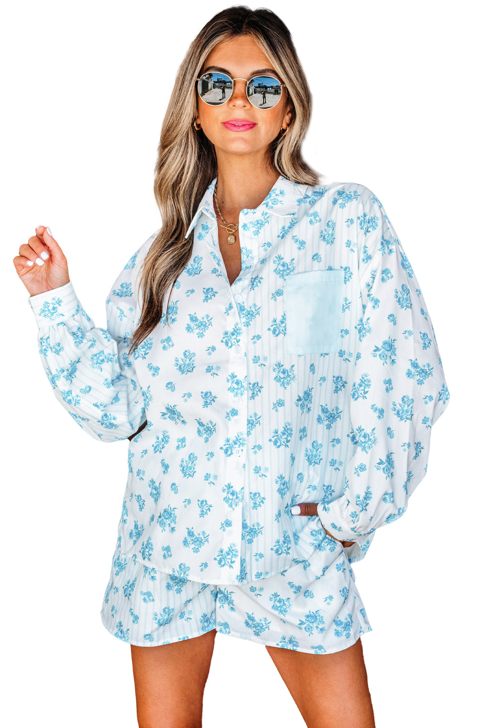 Sky Blue Floral Shirt and Shorts Set