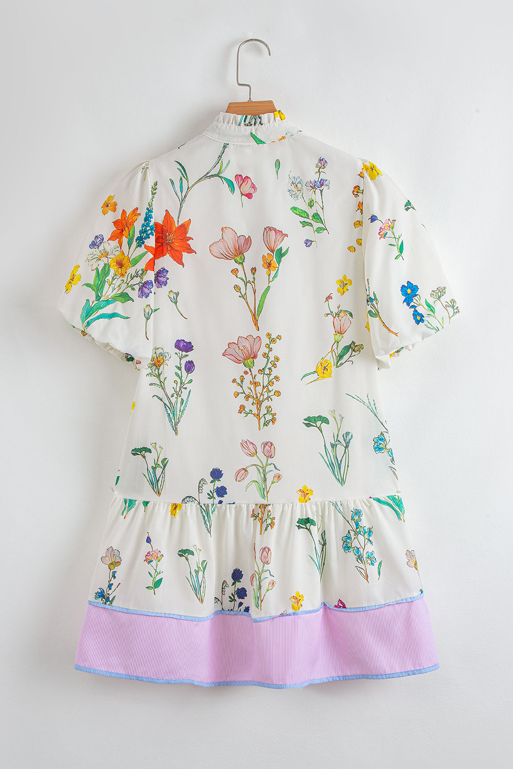 White Floral Print Short Puff Sleeve Dress