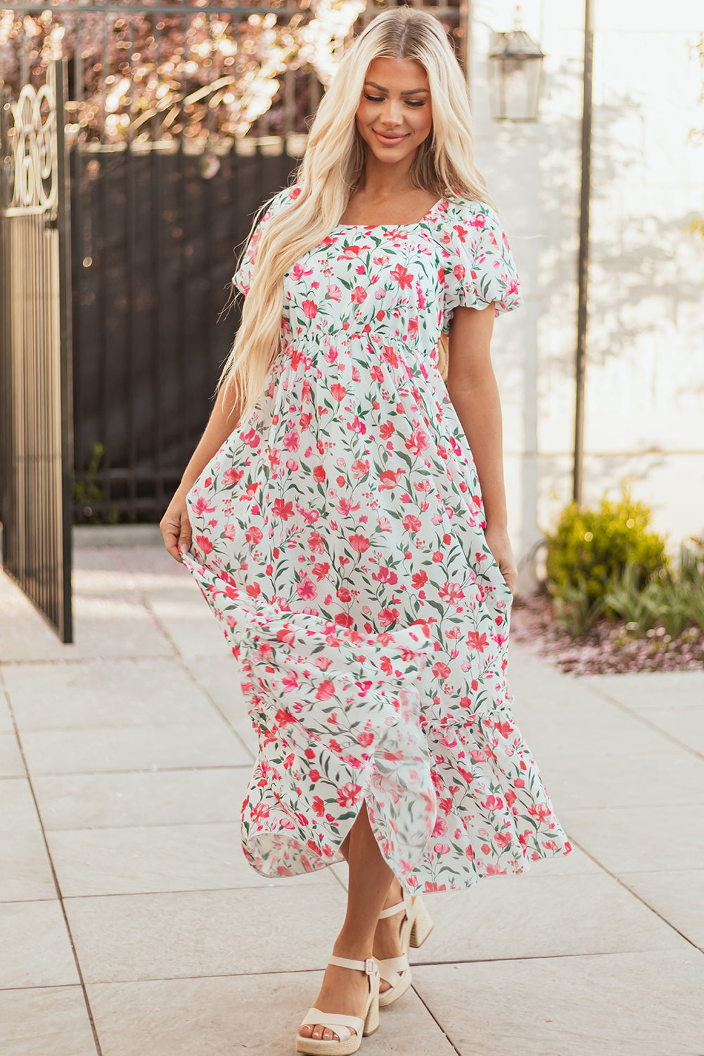 Pink Floral Puff Sleeve Maxi Dress