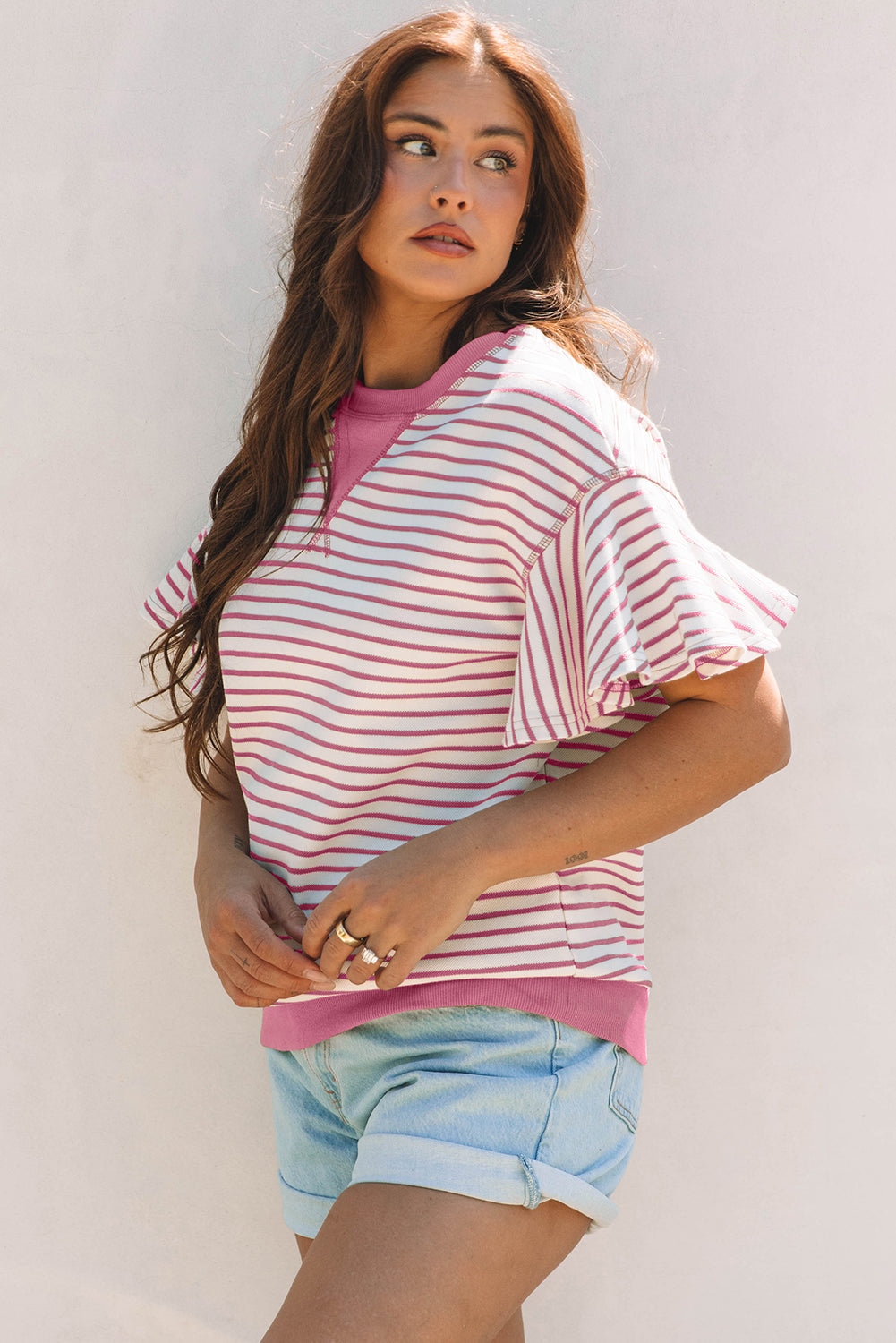Sachet Pink Striped Ruffle Top