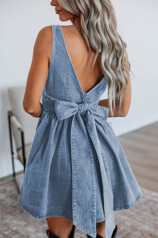 Square Bowknot Denim Dress