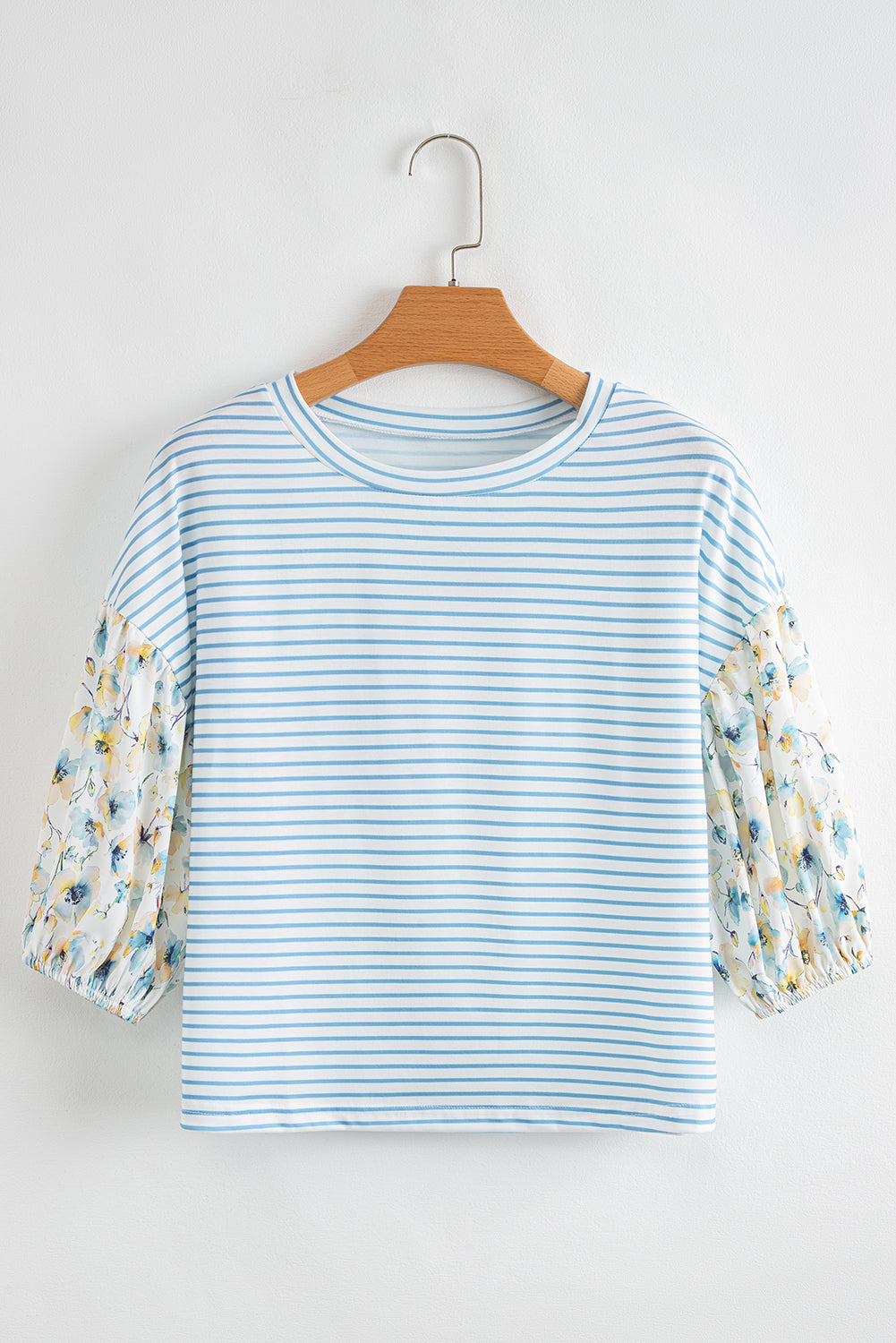 Sky Blue Stripe 3/4 Floral Puff Top