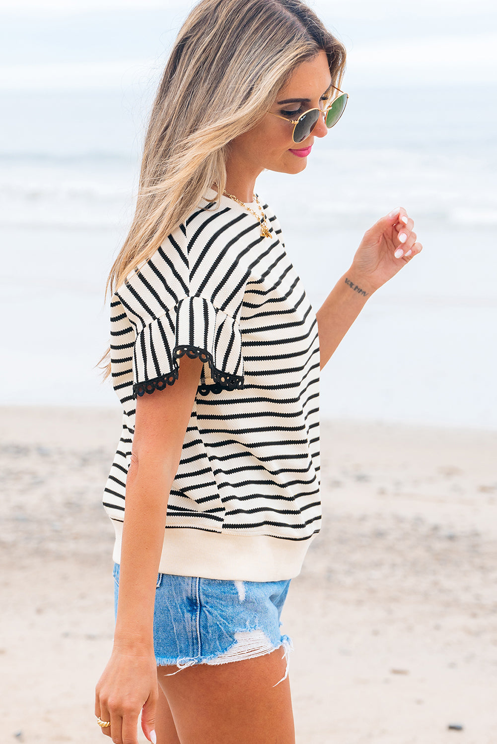 Black Stripe Scallop Lace Top