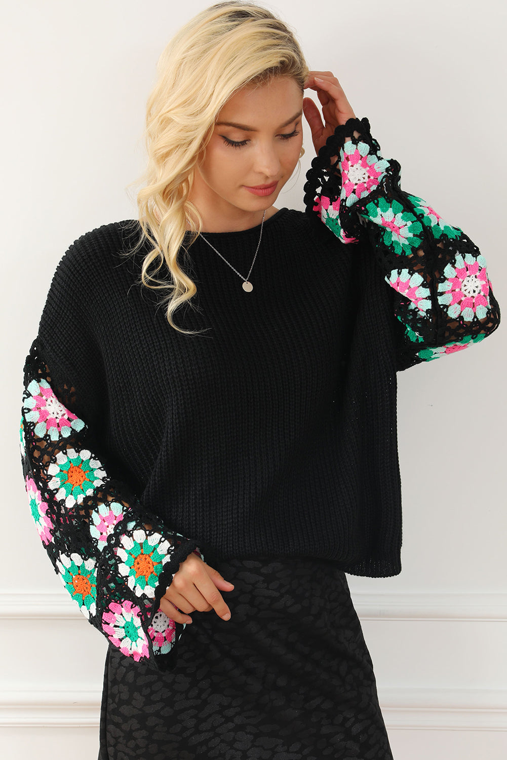 Black Floral Crochet Sweater Top