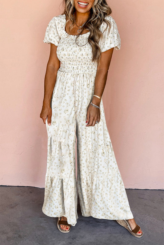 White Boho Puff Sleeve Jumpsuit