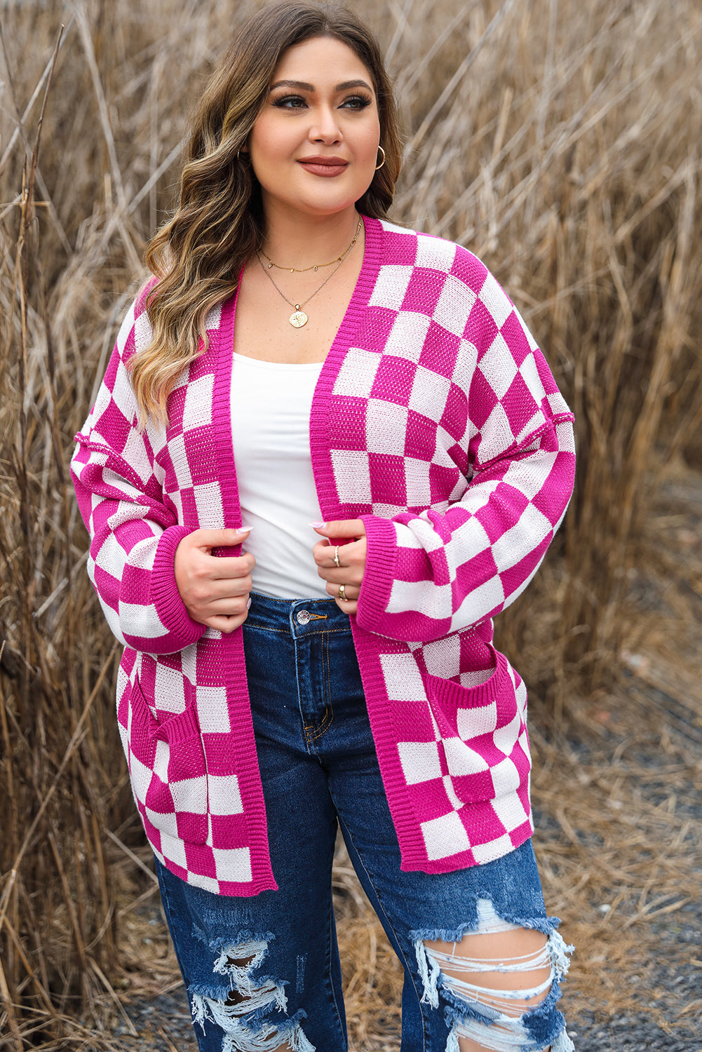 Bonbon Checkered Cardigan