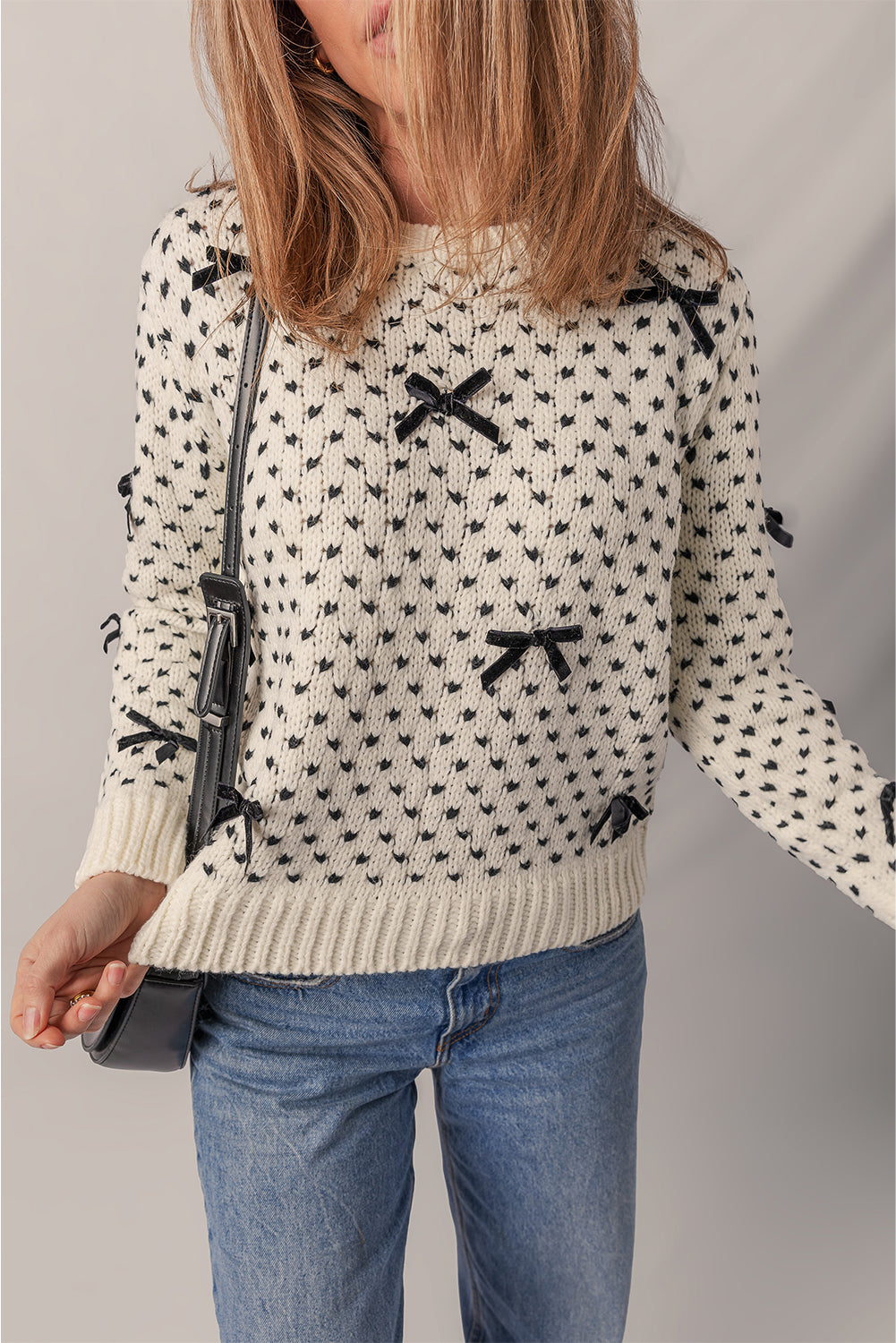 Beige Bow Crew Neck Sweater