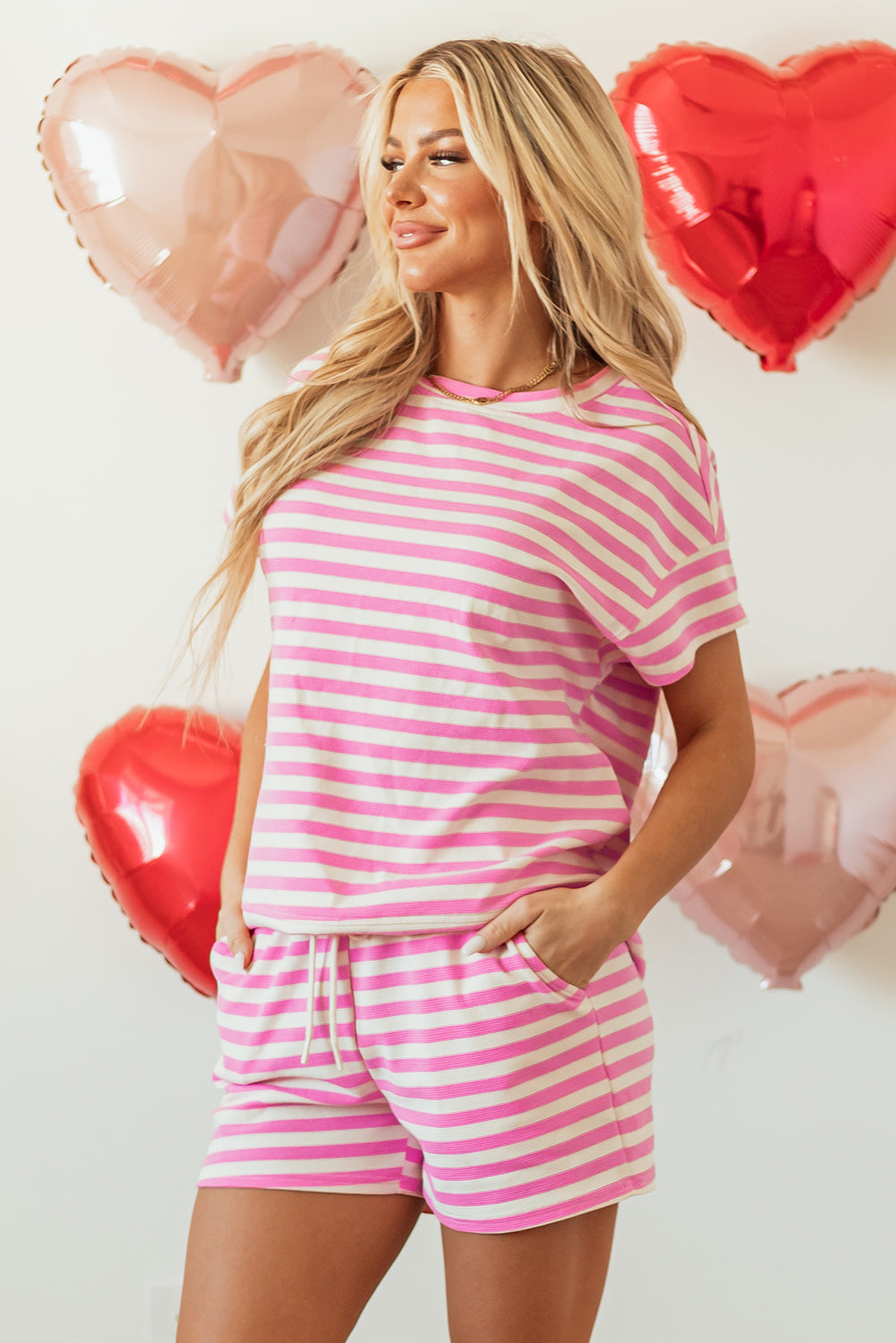 Rose Stripe Crew Neck Shirt and Shorts Set